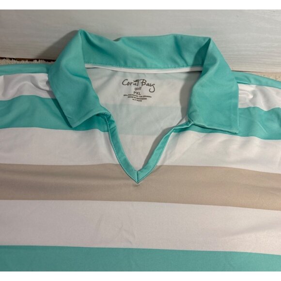 Coral Bay Polo Shirt Golf PXL Womens Striped Turquoise Beige White Short Sleeve - Picture 3 of 6